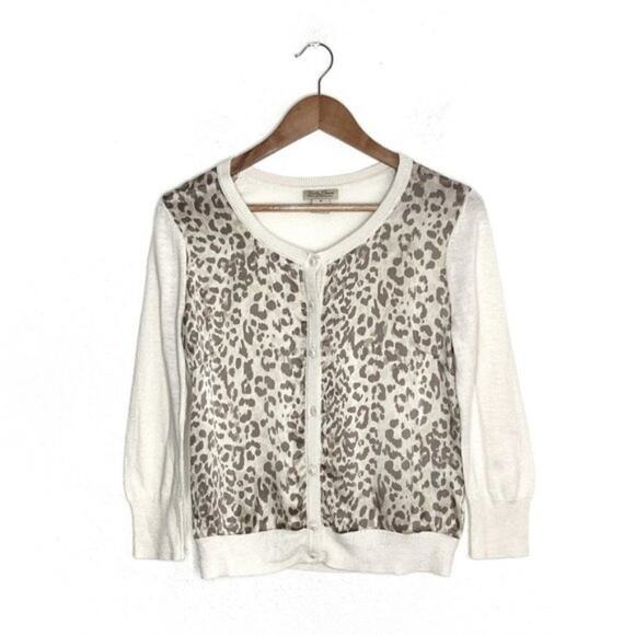LUCKY BRAND Charleen Cream Silk Leopard Animal Print Fitted Cropped Cardigan M - Picture 1 of 4